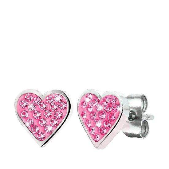 Boucles d'oreilles enfant en acier coeur avec cristal rose