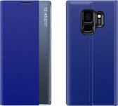 Voor Galaxy S9 Zijdisplay Met Magnetische / Beugelfunctie / Slaapfunctie Effen structuurdoek + PC Flip Case (blauw)