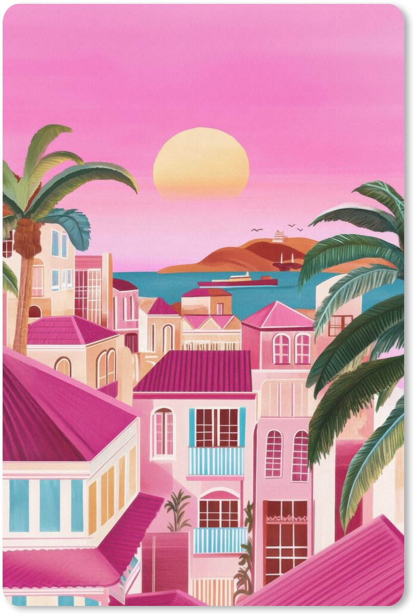 Muismat 18x27 cm - Mousepad Stad - Roze - Palmbomen - Muismatten
