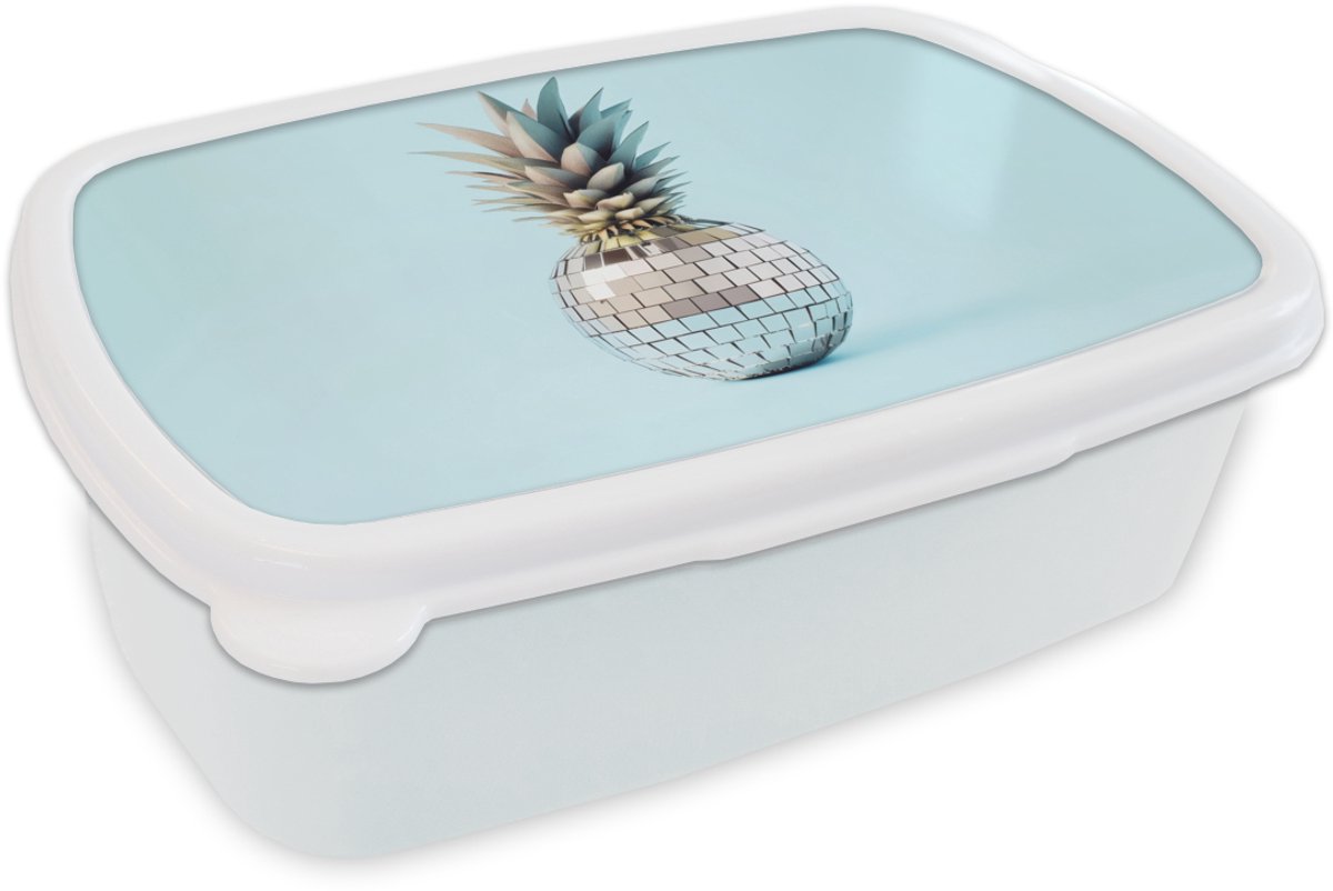 Broodtrommel Wit - Lunchbox Blauw - Ananas - Disco - Discobal - Brooddoos 18x12x6 cm - Brood lunch box - Broodtrommels voor kinderen en volwassenen