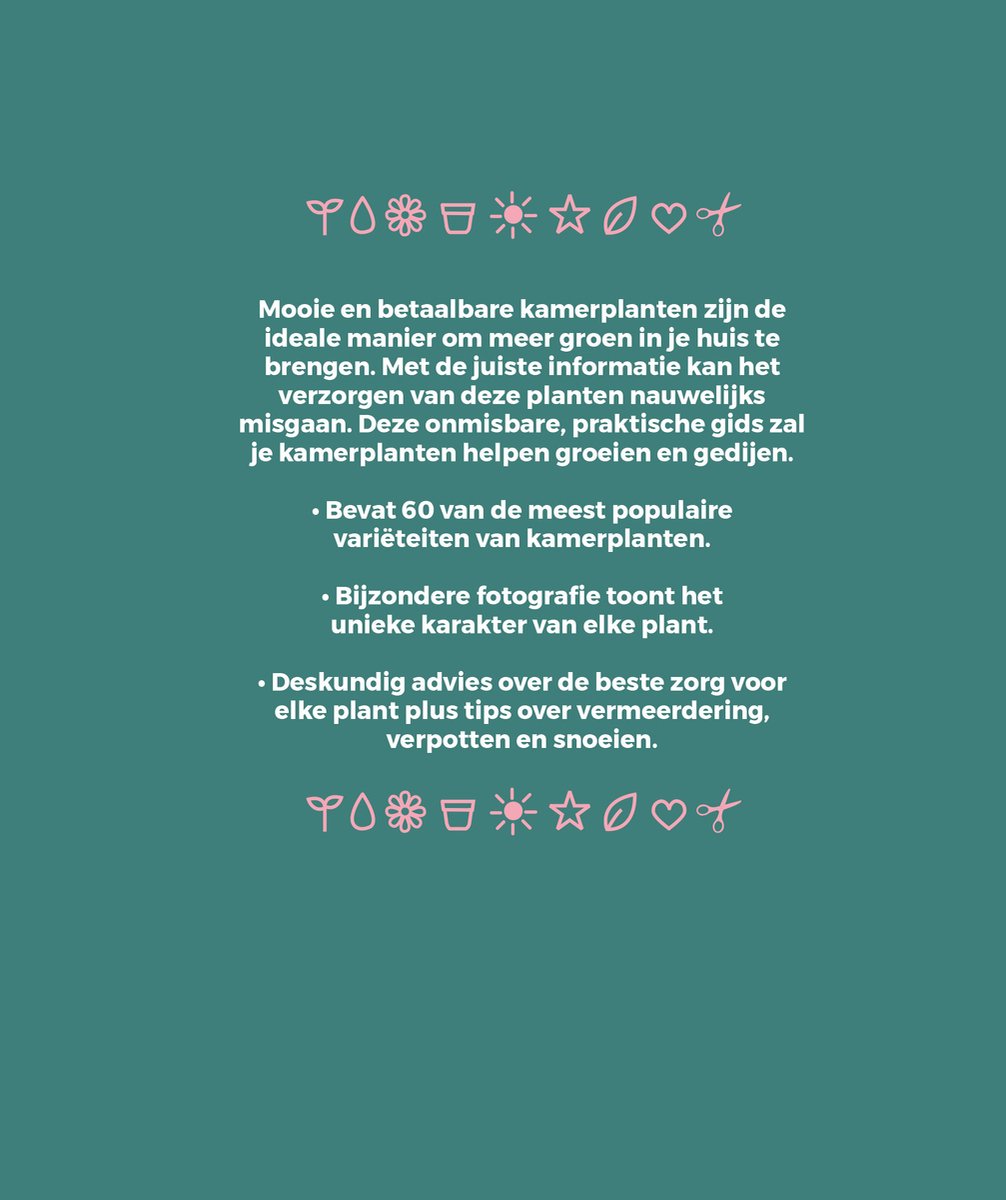 Boek met illustraties van planten en bloemen, met tekst over kamerplanten.