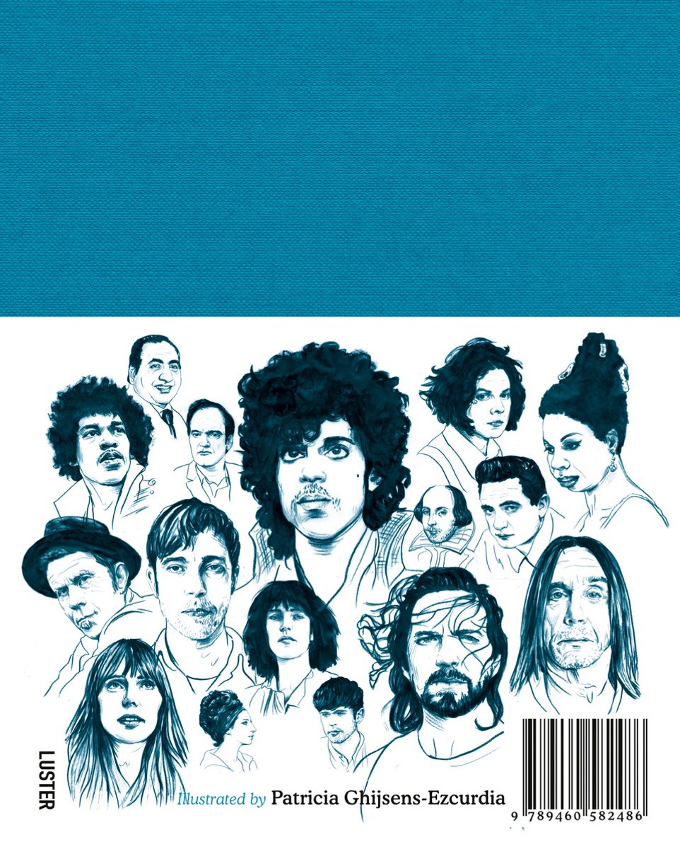 Illustratie van beroemde personen, met op de voorgrond een man met lang, golvend haar. Rechtsonder een barcode. 'Luster' staat links.