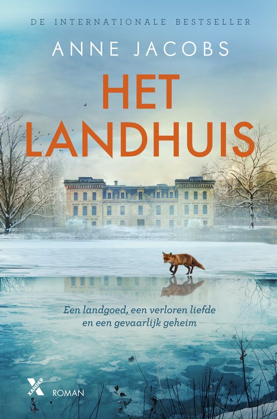 Boekcover met een winters landhuis op de achtergrond, een bevroren meer op de voorgrond en een vos.