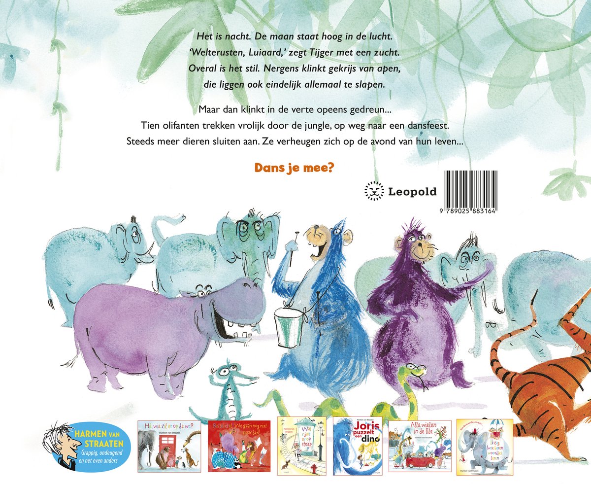 Achterkant van een kinderboek met illustraties van dieren, waaronder olifanten, een nijlpaard, apen en een tijger. De tekst is in het Nederlands.