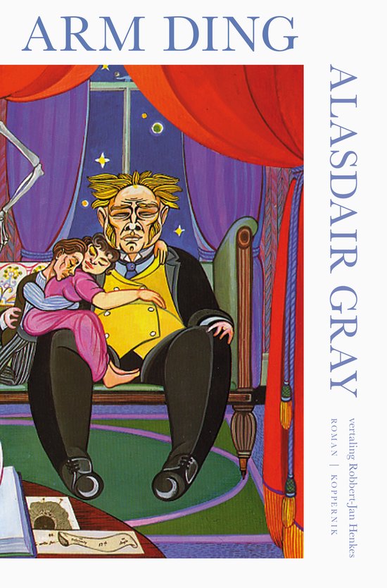 Cover van "Arm Ding" van Alasdair Gray, met een illustratie van een man die twee kinderen vasthoudt, met "ARM DING" en "ALASDAIR GRAY" erop.