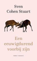 Twee herten met gewei duelleren op een zachtroze achtergrond. Titel: Een eeuwigdurend voorbij zijn. Auteurs: Sven Cohen Stuart.