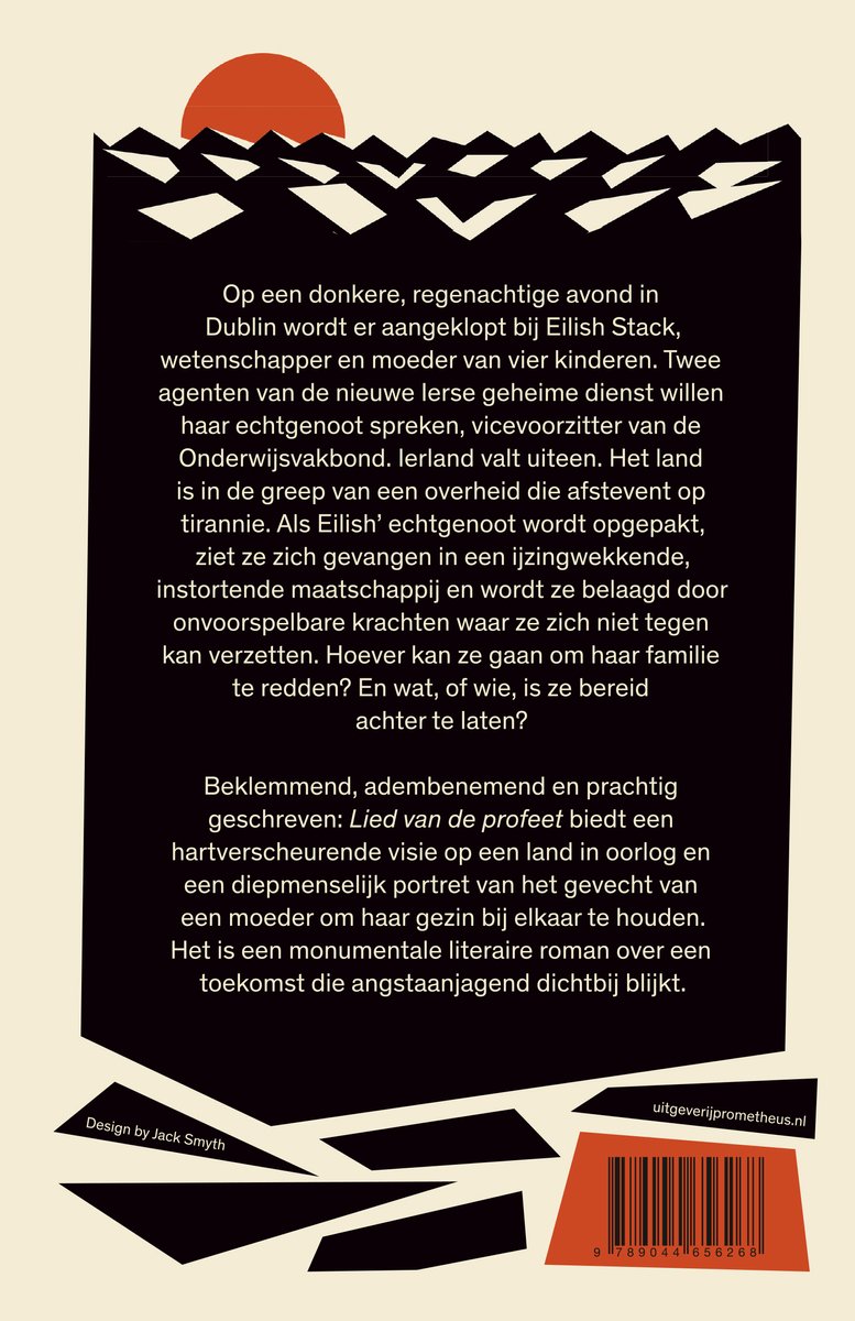 Achterkant boek: Crème met zwarte tekst. Geometrisch patroon met rode halve cirkel bovenaan. Boekgegevens en streepjescode onderaan.