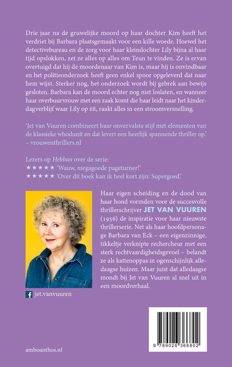 Boekcover met tekst achteraan. Een foto van Jet van Vuren.