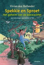 Boekomslag: Een meisje in een tuinbroek valt uit een boomhut, een jongen zit in de boomhut, en een man in een lange jas loopt op een pad. Twee kinderen, Spekkie en Sproet, zijn de hoofdpersonen.