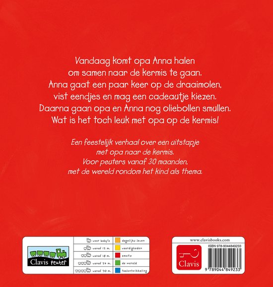 Boekcover met tekst over Anna op de kermis. Met logo's van Clavis en Clavis peuter.
