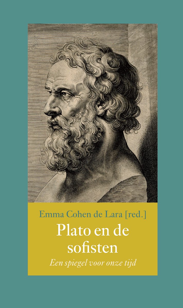 Een gravure van Plato met de titel "Plato en de sofisten".