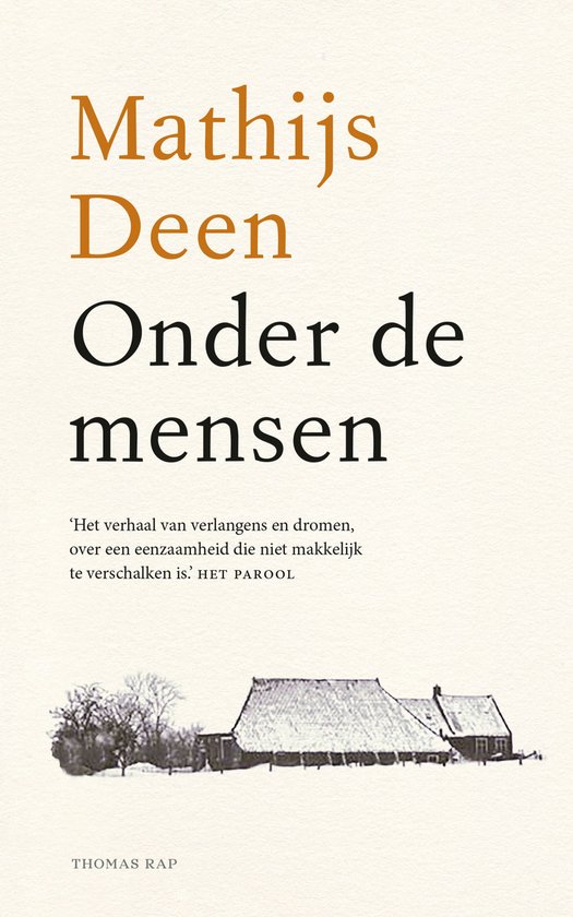 Boek 'Onder de mensen' van Mathijs Deen met sneeuwlandschap van boerderijen.
