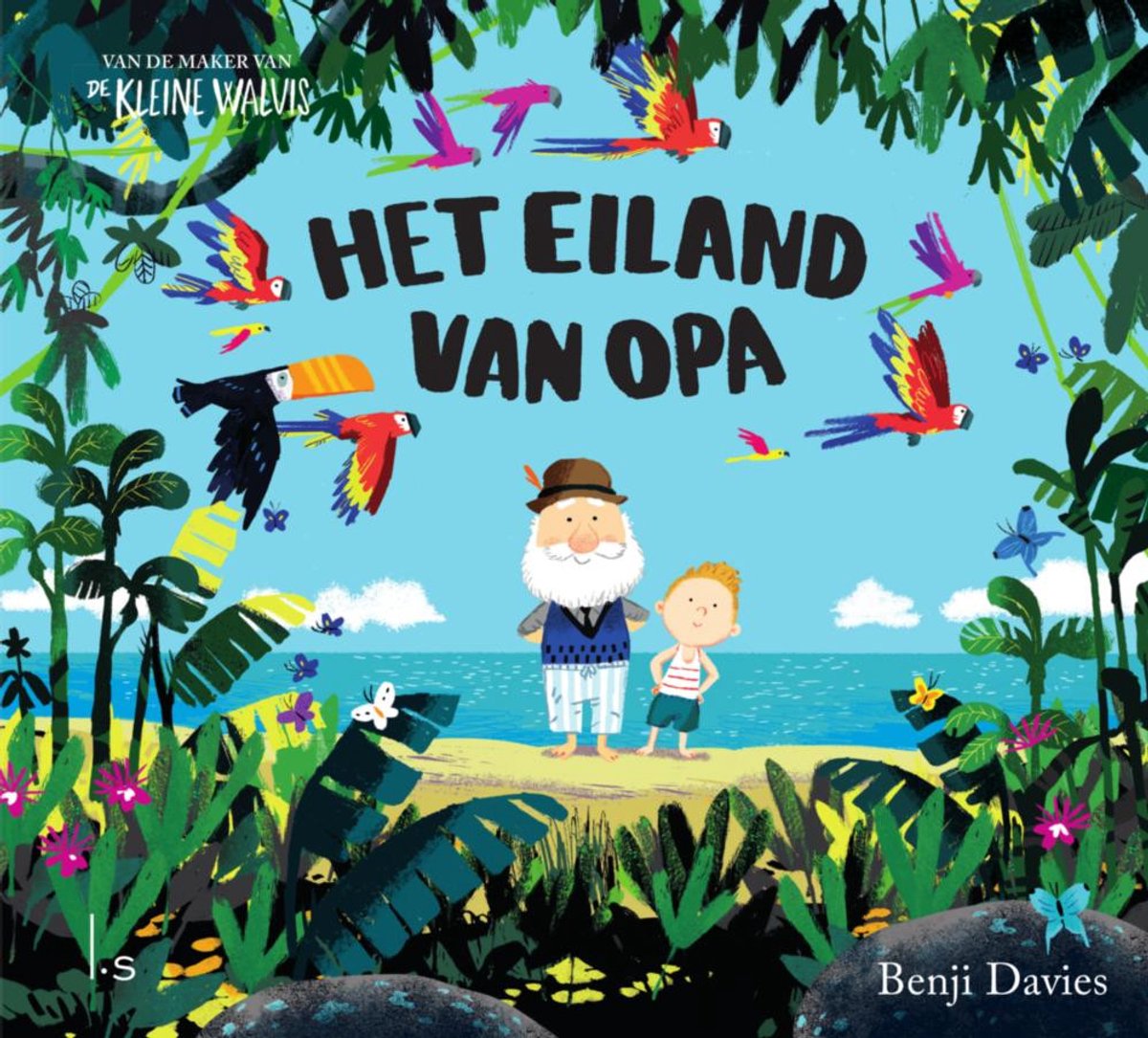 Kinderboek 'Het Eiland van Opa' met illustratie van opa en kleinkind op een tropisch strand met papegaaien en toekans.