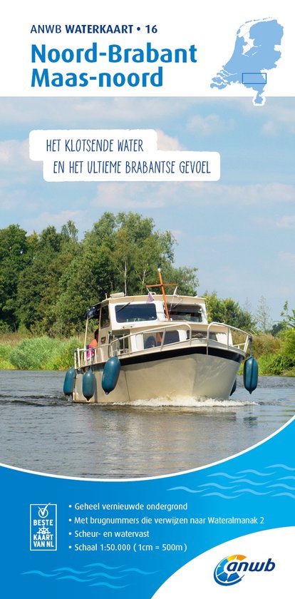 Een speedboot vaart op een brede rivier met aan weerszijden bomen, met het opschrift 'Het klotsende water en het ultieme Brabantse gevoel'.