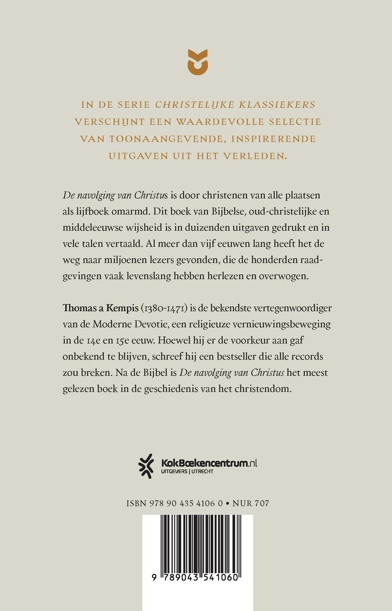 Boek "De navolging van Christus" uit de serie Christelijke Klassiekers, met informatie over Thomas a Kempis en het boek, ISBN 978-90-435-4106-0.