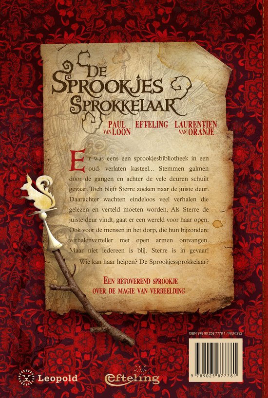 Boekomslag met een perkamentachtige achtergrond en een tak met een lantaarn. Tekst: 'De Sprookjes Sprokkelaar'.