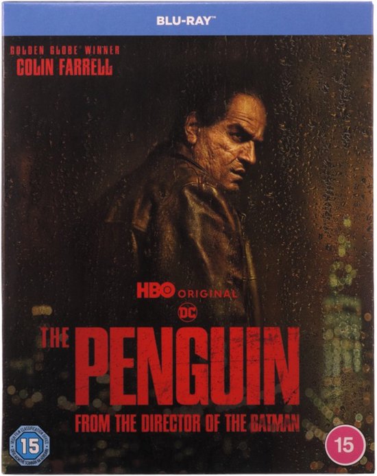 Voorkant Blu-ray hoes van 'The Penguin' met Colin Farrell in de hoofdrol, met de titel in rode letters.