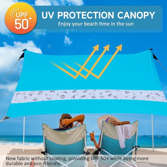 Zonnetent 2 m x 2,4 m, UPF50+ uv-bescherming, lycra strandtent voor 3 personen, parasol strand met zandzak en 2 steunstaven, voor picknick, vissen, zonwering van Merkloos — afbeelding 2
