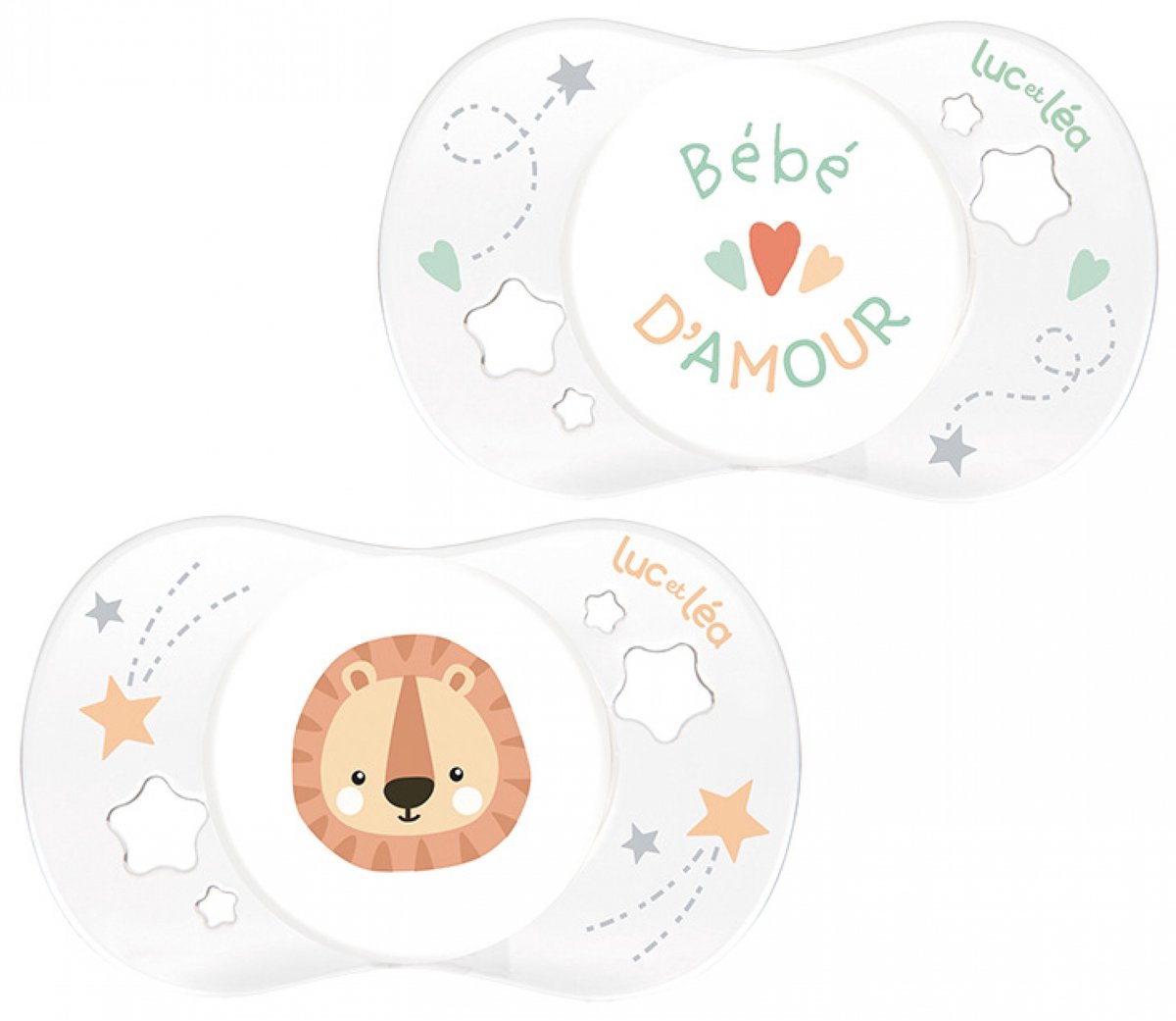 Luc et Léa Essentiel Naissance 2 Anatomische Fopspenen Comfortkraag + 0-2 Maanden (Modellen : Bébé d'Amour en Leo)