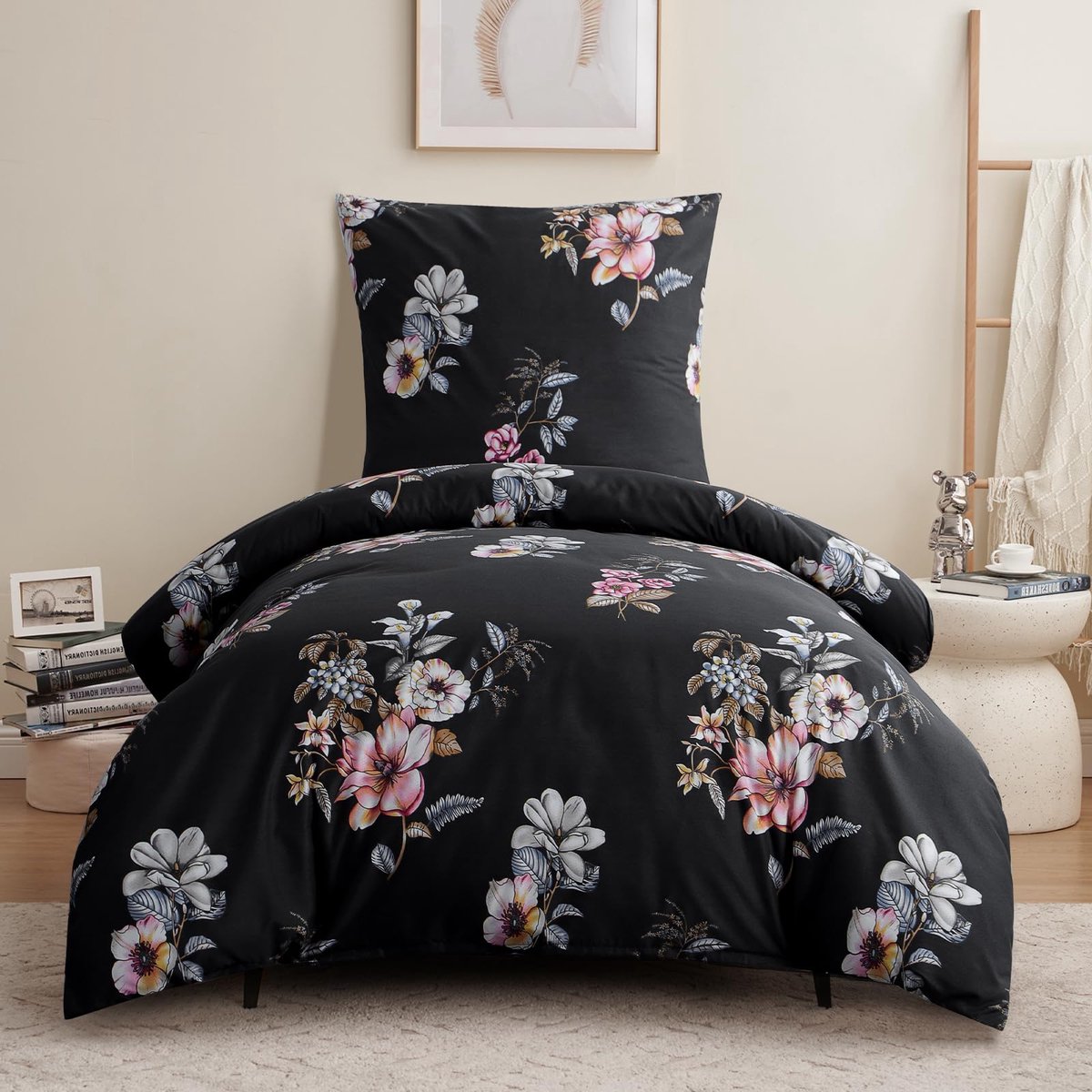 Ibenzoa Zachte Microvezel Dekbedovertrek Set 155x220 cm, 2-Delig, Zwart met Bloemenprint