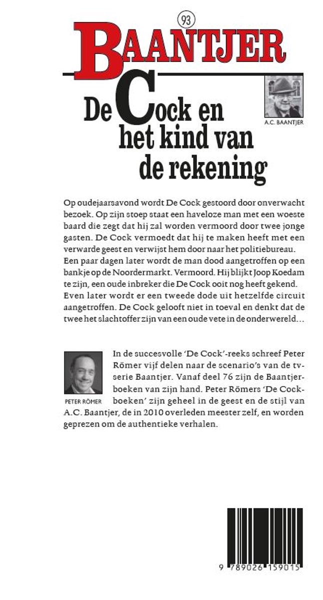 Boekomslag "BAANTJER 93 De Cock en het kind van de rekening" met tekst en een foto van Peter Römer.