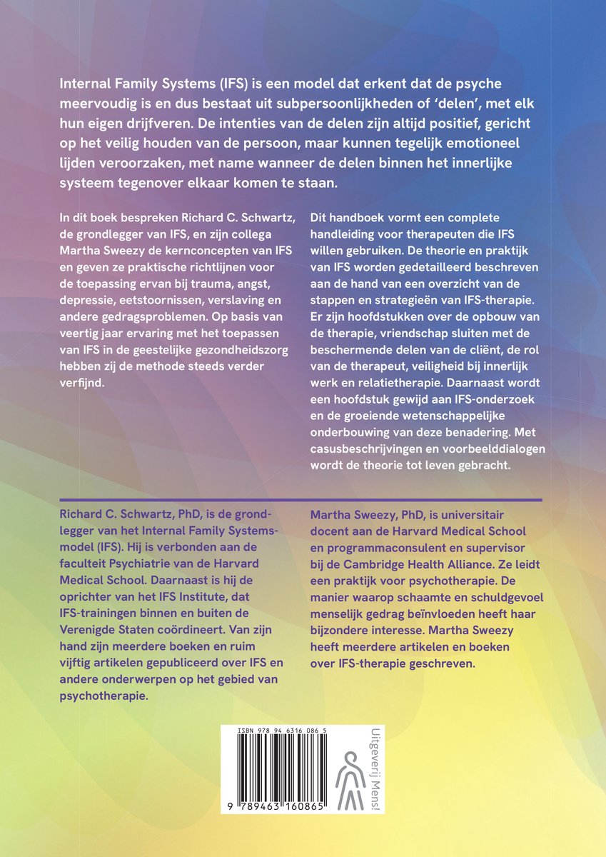 Boekomslag met tekst: Handboek Internal Family Systems-therapie (IFS), theorie en praktijk, met beschrijvingen van Richard C. Schwartz en Martha Sweezy. Met ISBN.