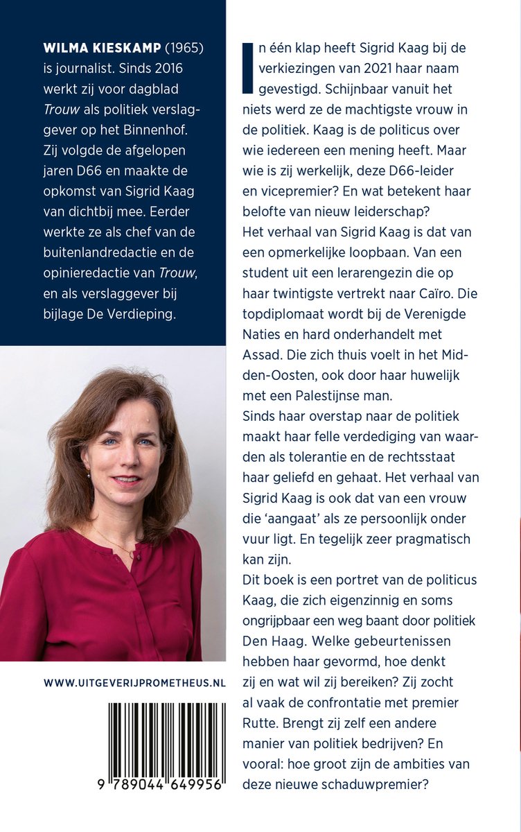 Vrouw met bruin haar, glimlachend, naar de camera kijkend, met een bruinrode blouse. Achtergrond wit. Tekst 'WILMA KIESKAMP (1965) is journalist.' en ISBN.
