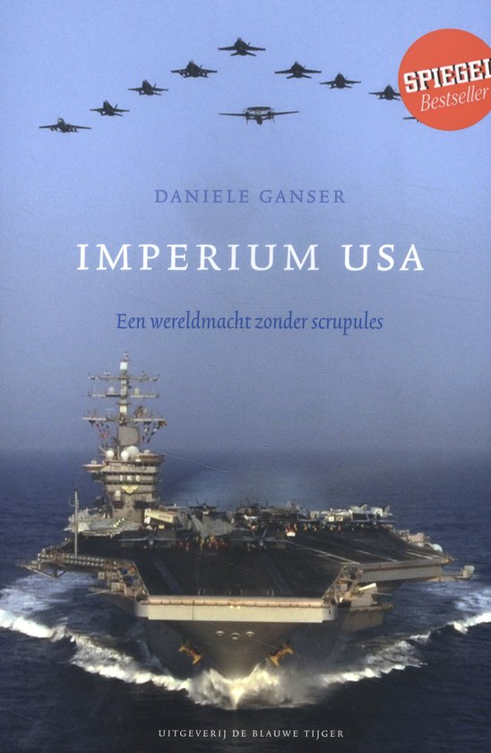 Boekomslag van 'Imperium USA' met een vliegdekschip en straaljagers, met "SPIEGEL Bestseller" label.
