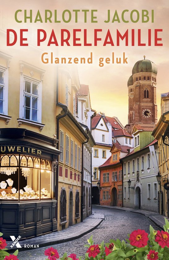 Boekcover met de titel 'De Parel Familie - Glanzend Geluk' en een afbeelding van een Europese straat met juwelier.