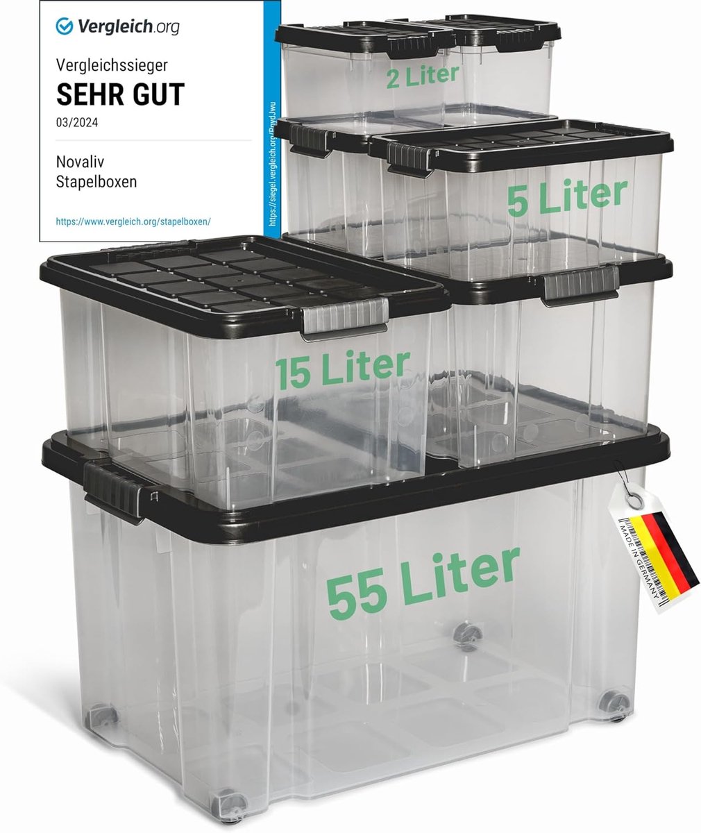 Novaliv 7-delige voordeelset opbergdozen met deksel, antraciet, 1x55 L + 2x 15 L + 2x 5 L + 2x 2 L, nestbaar, stapelbaar, clipsluiting, roldozen, BPA-vrij