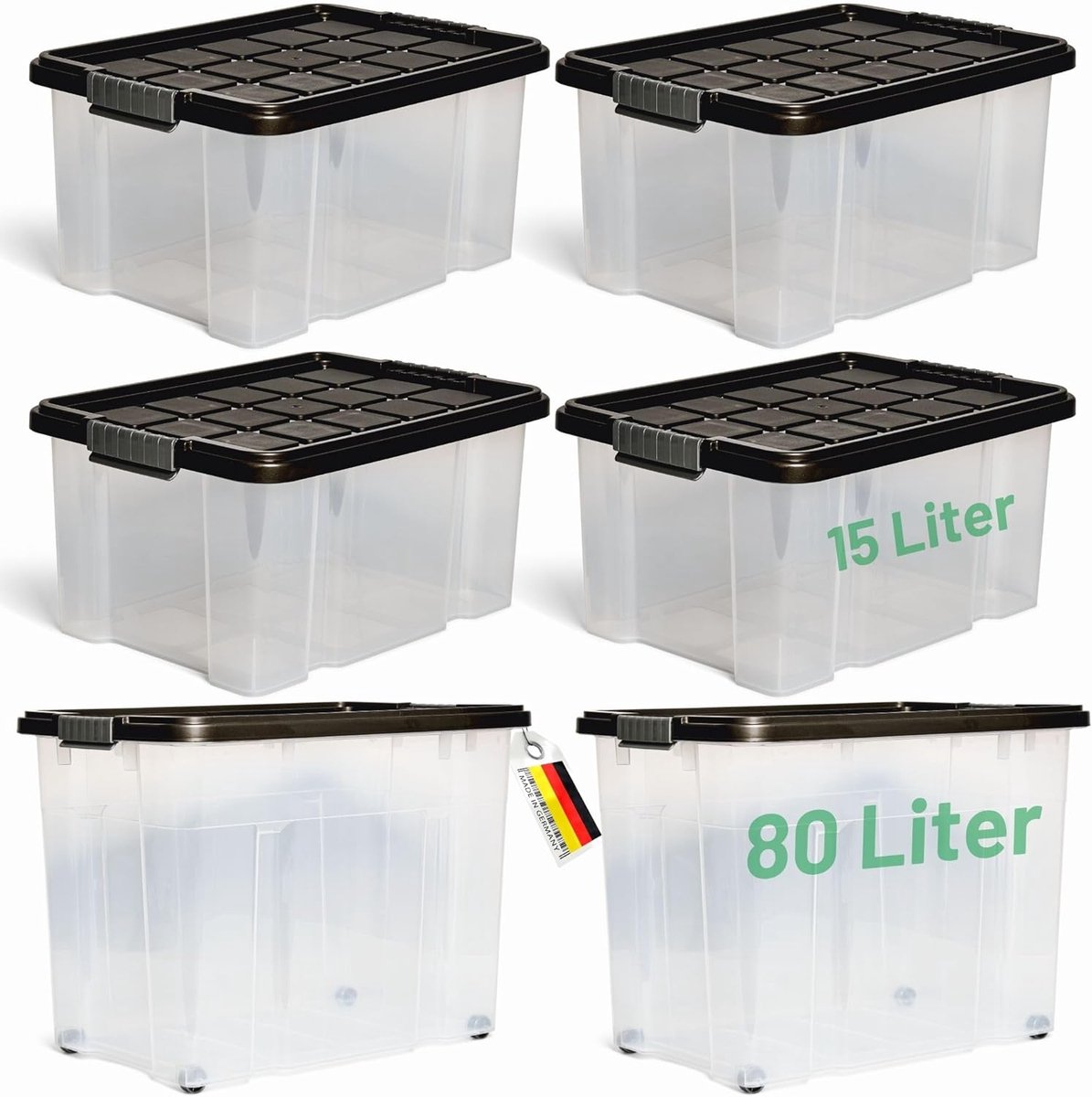 Novaliv 5-delige set opbergdozen met deksel, antraciet, 1x80 L + 4x 15 L, nestbaar, stapelbaar, clipsluiting, roldozen, BPA-vrij