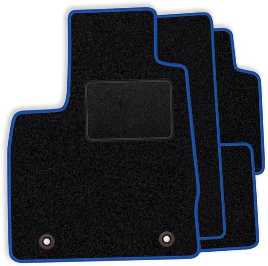 Ensemble de trois tapis de sol en velours noir avec passepoil et surpiqûres bleus. Un tapis a un talon renforcé.