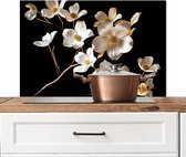 Spatscherm keuken 80x55 cm - Kookplaat achterwand Bloemen - Wit - Goud - Muurbeschermer - Spatwand fornuis - Hoogwaardig aluminium