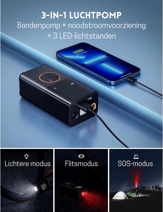 StayPowered Draadloze Luchtpomp - Compact & Razendsnel Opblazen - 150 PSI Druk - 4 Slimme Modi - USB-C Opladen - Krachtige LED Zaklamp - Oplaadbaar - Alle Ventielen - Zwart - Levering Sneller dan Aangegeven! van Merkloos — afbeelding 2