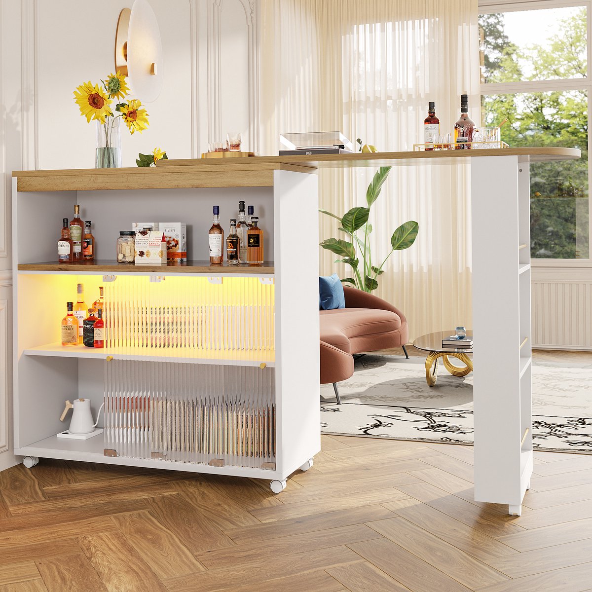 Merax Uitschuifbare Bartafel met Opbergruimte en LED Verlichting - Verstelbare Keukentafel op Wielen - Moderne Statafel met Glazen Schuifdeuren - Wit