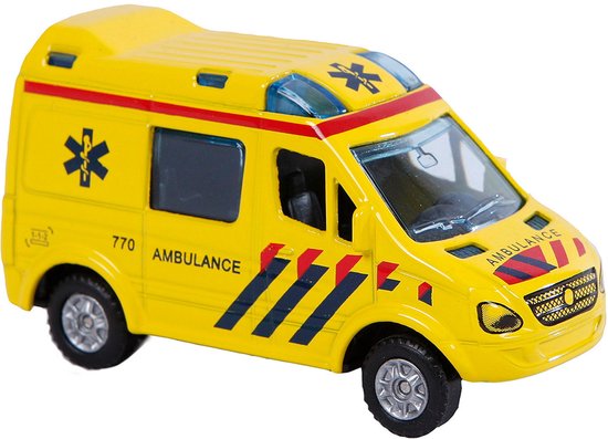 Gele die-cast ambulance speelgoedauto met rode en blauwe accenten, ster logo en 'AMBULANCE 770' tekst.