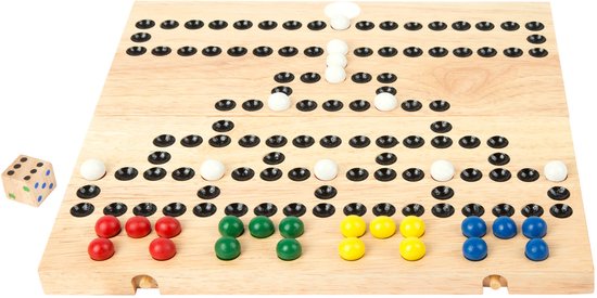 Houten speelbord met zwarte en witte pionnen, rode, groene, gele en blauwe pionnen en een dobbelsteen.