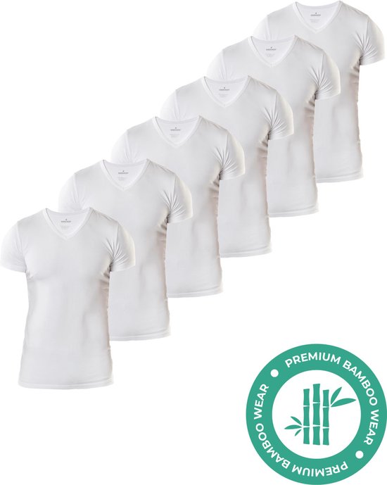 T-shirt en Bamboe SQQUADD® pour homme - Coupe ajustée - Col en V- Taille XL - Lot de 6 - Doux et respirant - T-shirt anti-transpiration - Maillot de corps pour homme - Wit