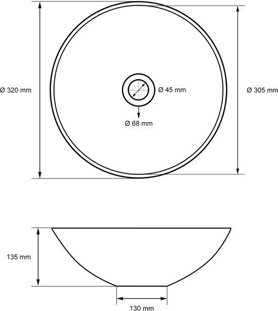 Dessin technique d'un lavabo rond blanc avec dimensions : diamètre 320mm, hauteur 135mm.