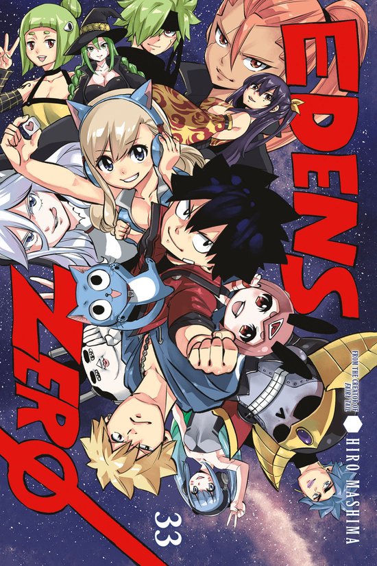 Edens Zero 33. De cover toont meerdere anime karakters, waaronder Rebecca, Shiki en Happy, tegen een achtergrond van de ruimte.