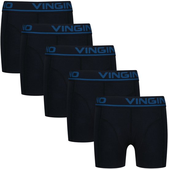 Vijf donkerblauwe Vingino boxershorts met blauwe tailleband met logo.