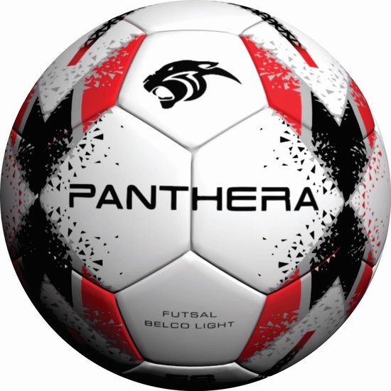 Panthera futsal voetbal met zwarte panterkop-logo, witte vlakken met rode en zwarte spetters, en de tekst 'PANTHERA'.