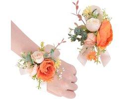 Set van 2 Oranje en Beige Kunstmatige Rozen Corsage en Boutonniere - Wit Lint Pols Corsage Bloem Armband met Simulatie Rozen