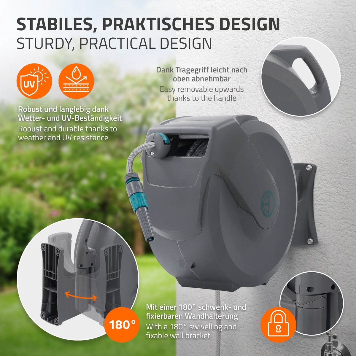ECD Germany rollup tuinslanghaspel 30m+2m muurgemonteerde slanghouder met automatisch oprolmechanisme vergrendelingssysteem 9 sproeifuncties 180° zwenkbaar waterslangbox voor wandbevestiging ideaal voor tuin en terrasonderhoud – foto 3
