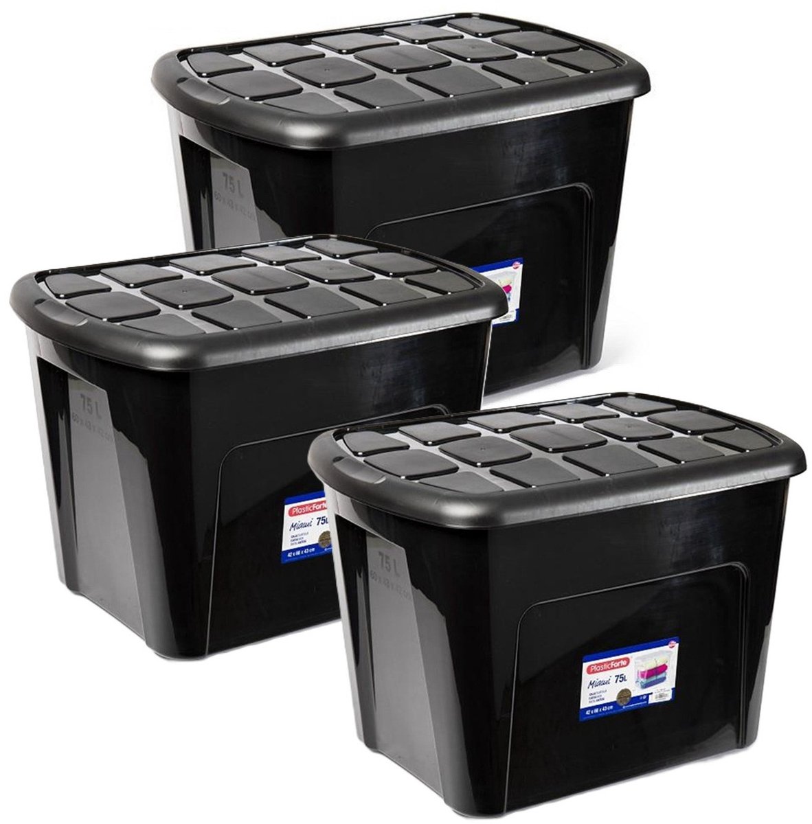 PLASTICFORTE opberg kist met deksel - 3x - Multi Purpose Box - 75 liter - 60 x 42 x 43 cm - kunststof - transparant Zwart