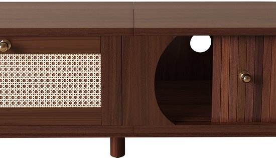 Detail van donkerhouten tv-meubel met rieten middenvak, rond gat en messing knop.