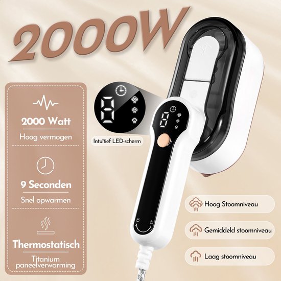Stoomapparaat Kleding & Reisstrijkijzer - In 9s Warm - 2000W - Steamer - Mini Strijkijzer - Handstomer - 3 Stoomstanden - Krachtig - LCD Display - Woodoro