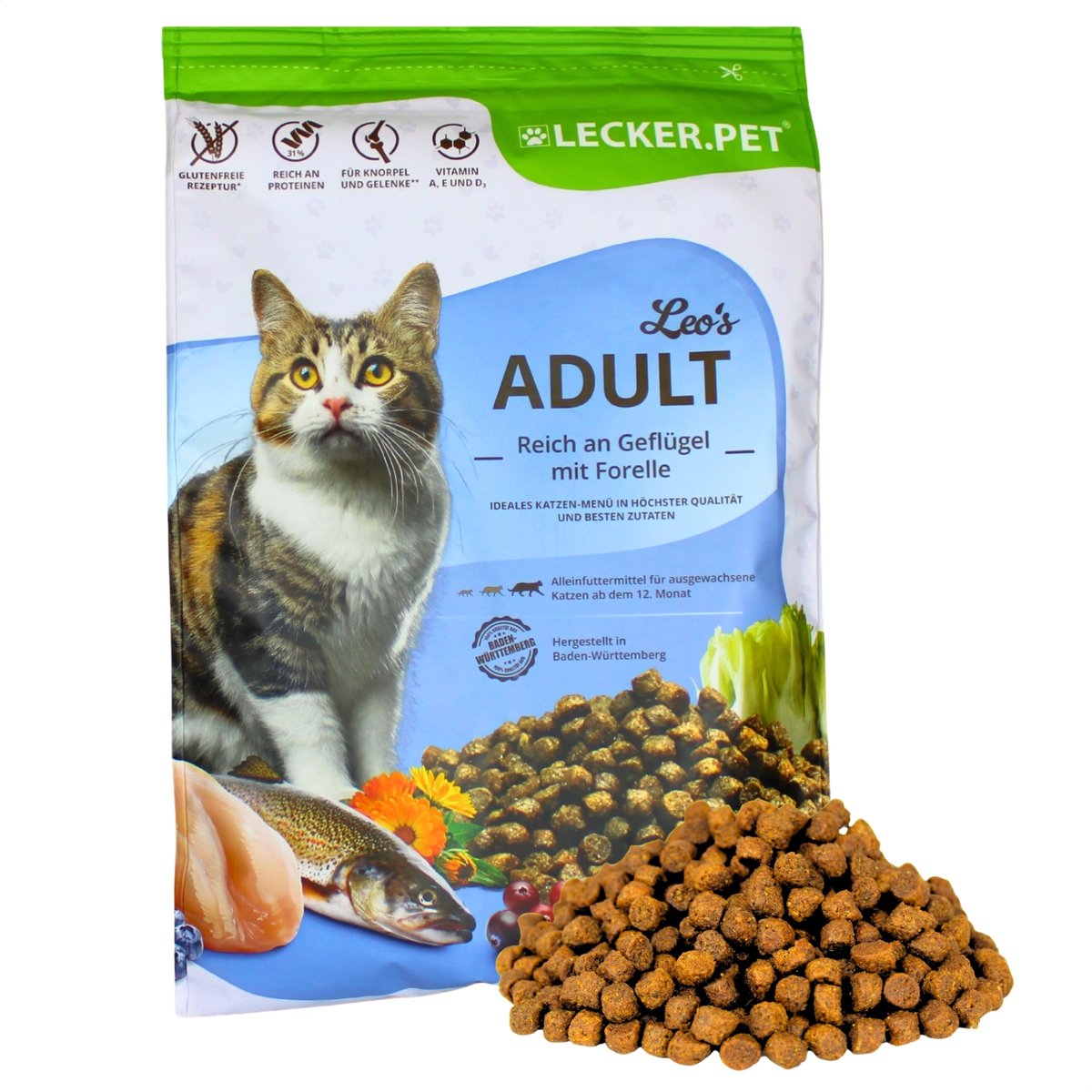 Lyra Pet 2.5 kg Lecker.Pet® Leo's Adult Gevogelte & Forel droog kattenvoer volledige voeding houdbaar tot 4/2026