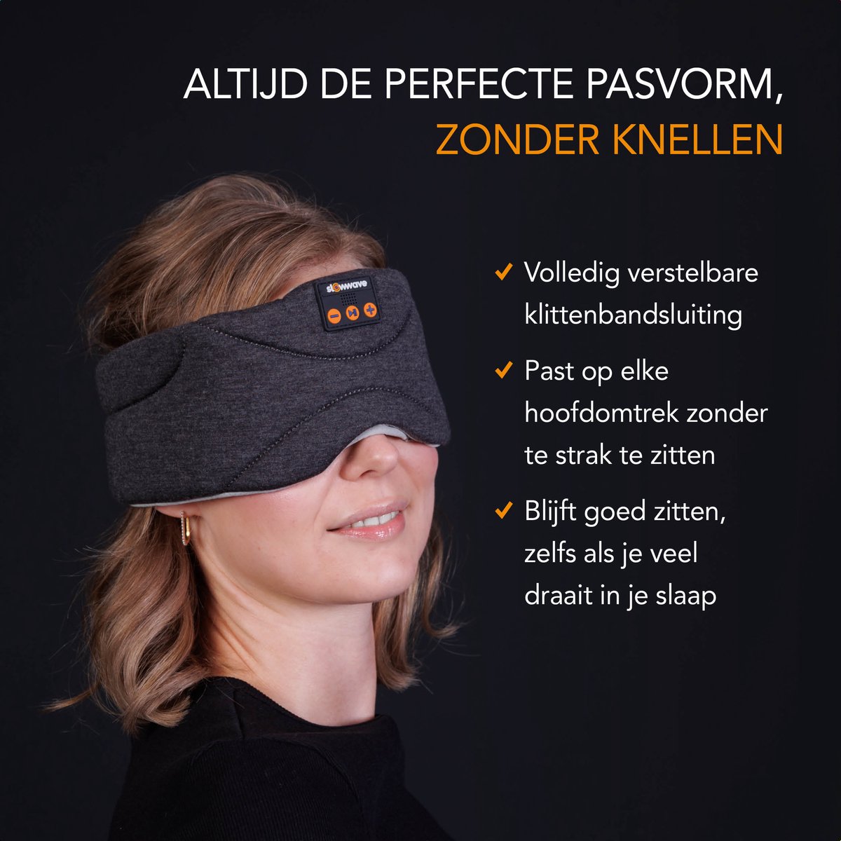Slowwave Premium Bluetooth Slaapmasker - Stream je favoriete audio in 100% duisternis - Inclusief handige timer-functie - Platte en zachte ‘spons-speakers’ (perfect voor zijslapers) - Koel en ademend materiaal - Kleur: antraciet — afbeelding 5