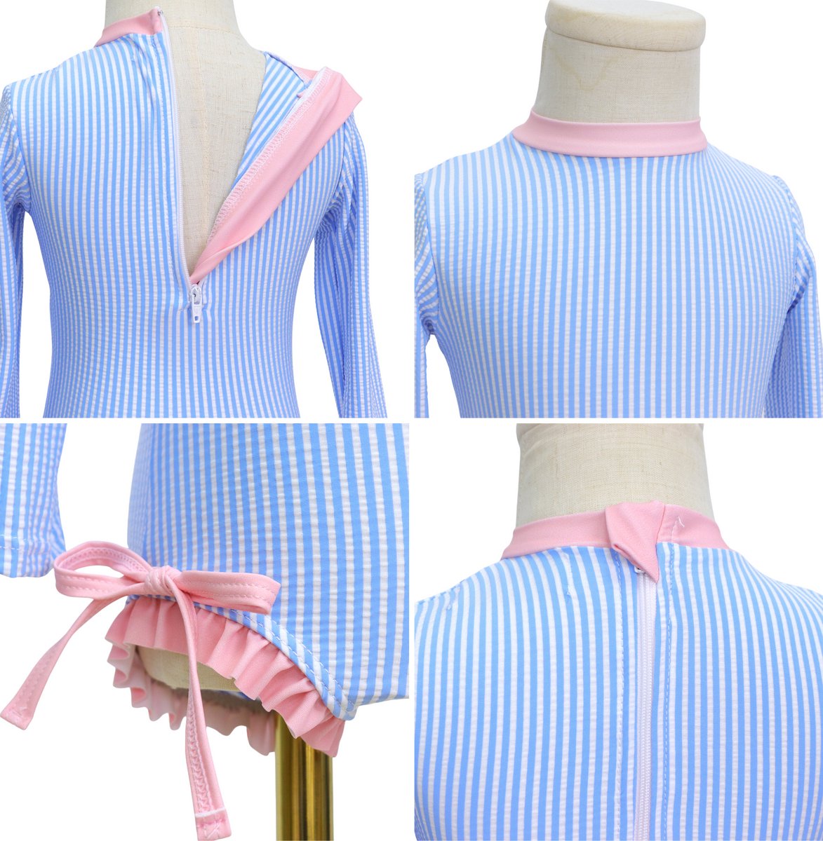 Joya Kids® Badpak Lange Mouw Licht Blauw met Streepjes en Roze Ruches Meisjes | Zwempak met ruches UV Badpak | Zwempak Lange Mouw UV Bescherming Streep | Meisje Bikini Zomer | Kinderbadpak Peuter | — afbeelding 8